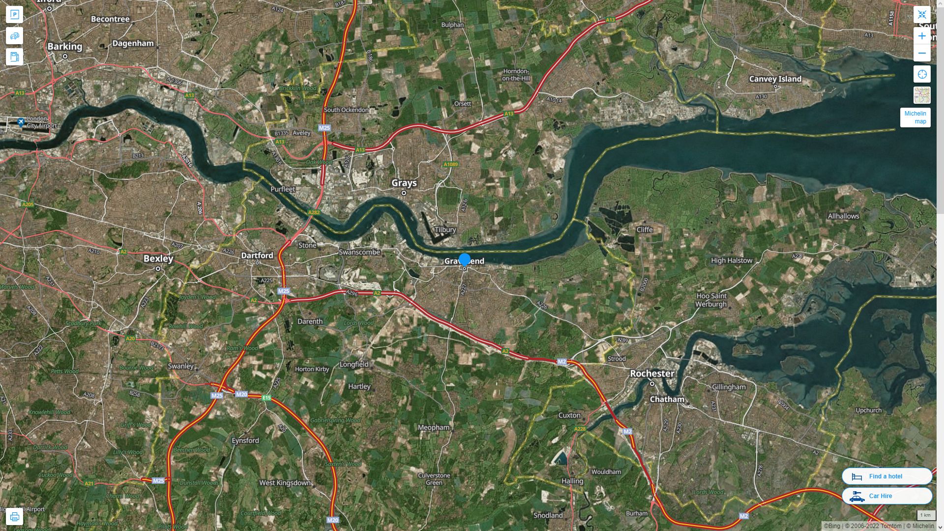 Gravesend Royaume Uni Autoroute et carte routiere avec vue satellite